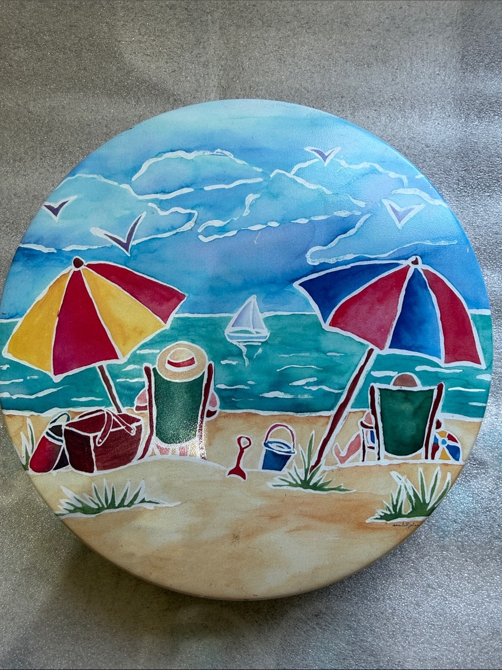 Beach Scene Round Metal Canister - Colorful Umbrellas